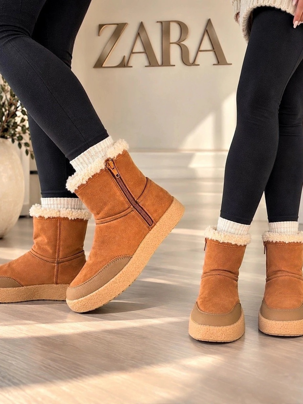 ZARA Women’s Faux Suede Shearling Lined Ankle Boots Brown EU 35 US 5
